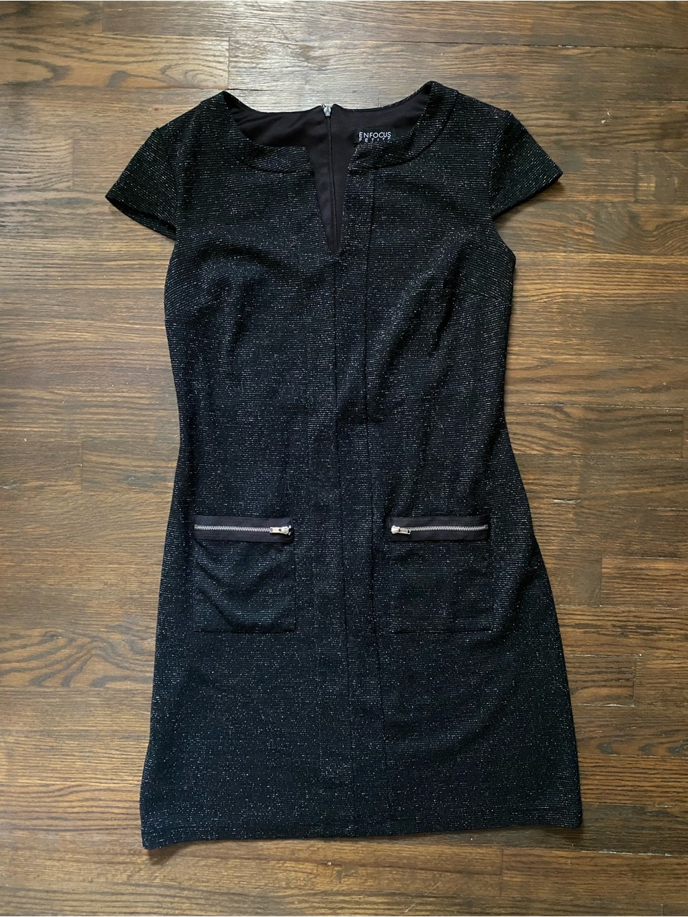 Enfocus Studio Black Sparkle Zip-Pocket Cap Sleeve Sheath Dress